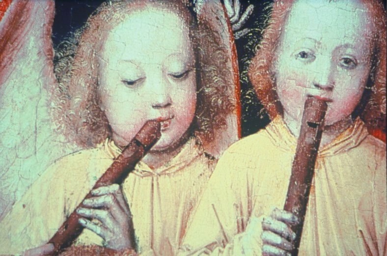 The Coronation of the Virgin of Cologne (detail): the recorder in the 15th century
