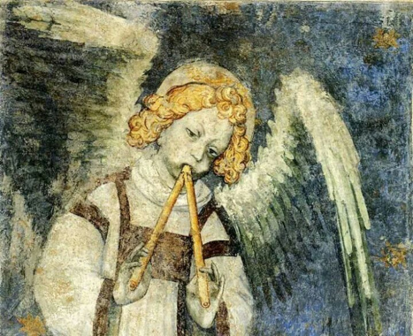 A fresco showing an angel playing a double recorder