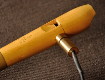 a soprano electro-acoustic recorder equiped with its microphone
