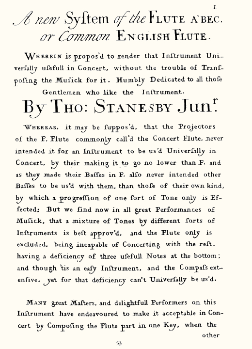 La brochure de Stanesby sur la Vraie Flûte de Concert