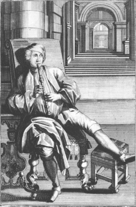 jeu à la flûte à bec avec la main droite au dessus (Weigel, 1722)